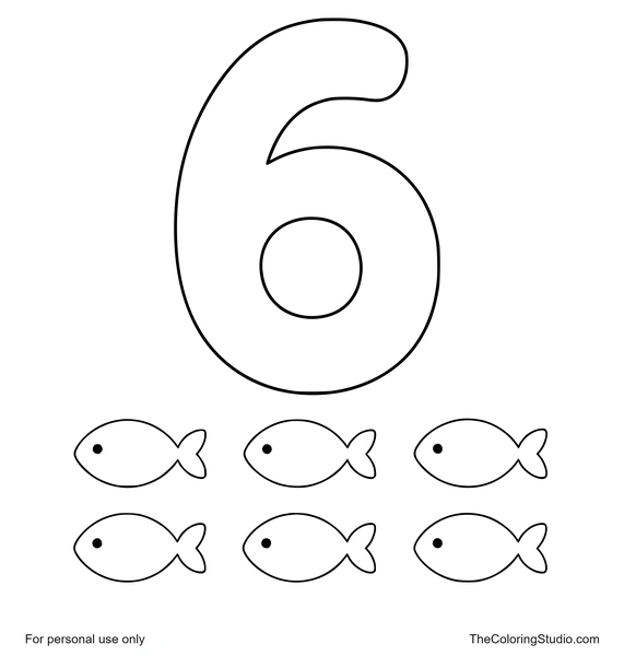 Large yellow number 6 with six small fish grouped below on a white background.