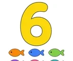 Large yellow number 6 with six small fish grouped below on a white background.