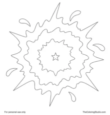 Supernova explosion with a bright central star, three broad energy rings, large rays, and four curved ejecta shapes on white.