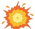 Supernova explosion with a bright central star, three broad energy rings, large rays, and four curved ejecta shapes on white.