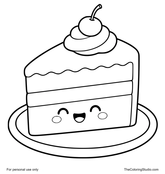 Smiling layered cake slice with frosting and a small cherry on a white background.