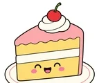 Smiling layered cake slice with frosting and a small cherry on a white background.