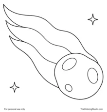 Large comet with a rounded cratered head, three broad tail bands, and two small twinkles on white.