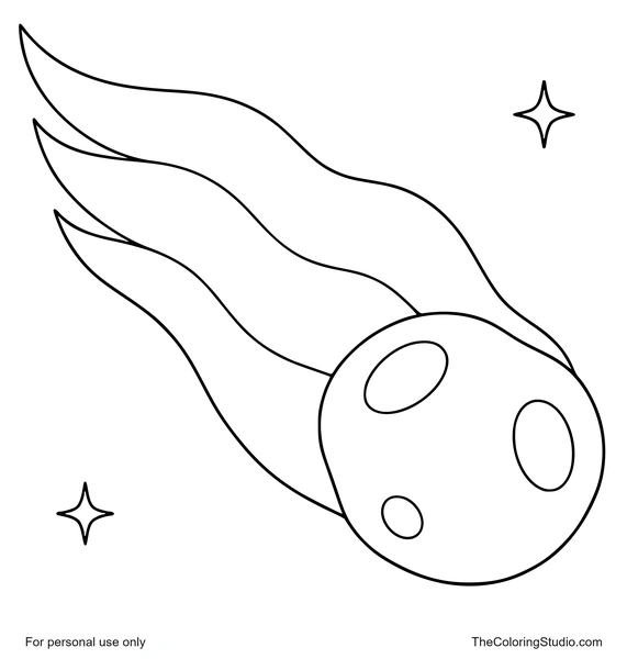 Large comet with a rounded cratered head, three broad tail bands, and two small twinkles on white.