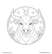 Front-facing Taurus bull with curved horns inside a circular zodiac frame with six stars and four leaf accents.
