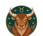 Front-facing Taurus bull with curved horns inside a circular zodiac frame with six stars and four leaf accents.