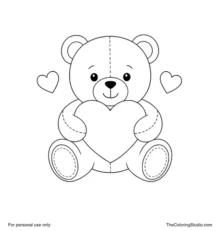 Brown teddy bear seated while holding a large red heart, with two small hearts nearby.