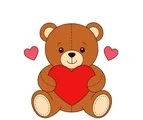 Brown teddy bear seated while holding a large red heart, with two small hearts nearby.