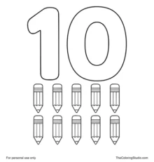 Large sky blue number 10 with ten small pencils grouped below on a white background.