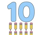 Large sky blue number 10 with ten small pencils grouped below on a white background.