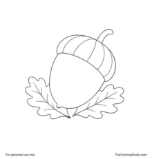 Large brown acorn with a textured cap resting beside two colorful autumn leaves.