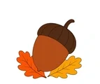 Large brown acorn with a textured cap resting beside two colorful autumn leaves.