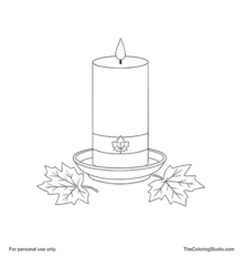 Cream pillar candle with a golden flame, bronze holder and two autumn leaves at the base.