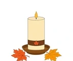 Cream pillar candle with a golden flame, bronze holder and two autumn leaves at the base.