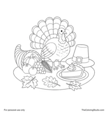 Thanksgiving collection scene with a turkey, cornucopia, pumpkin pie and pilgrim hat on a shared autumn base.