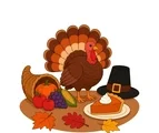 Thanksgiving collection scene with a turkey, cornucopia, pumpkin pie and pilgrim hat on a shared autumn base.