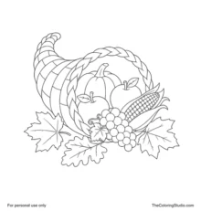 Thanksgiving cornucopia filled with pumpkin, apples, corn and grapes beside three autumn leaves.