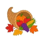 Thanksgiving cornucopia filled with pumpkin, apples, corn and grapes beside three autumn leaves.