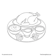 Thanksgiving dinner table with roast turkey, mashed potatoes, gravy and cranberry sauce.