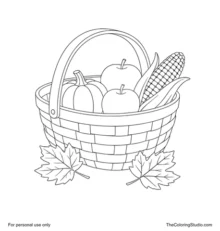 Woven harvest basket holding a pumpkin, two apples and one ear of corn beside autumn leaves.