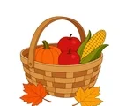 Woven harvest basket holding a pumpkin, two apples and one ear of corn beside autumn leaves.