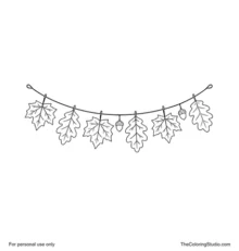 Curved Thanksgiving garland with seven autumn leaves and two acorns attached to a brown cord.