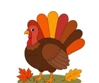 Thanksgiving turkey standing with seven colorful tail feathers and two autumn leaves on a white background.