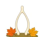 Large curved wishbone resting above two autumn leaves on a small simple ground patch.