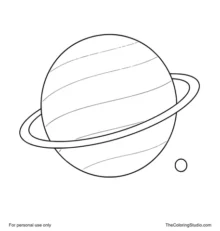 Uranus with blue-green bands, a simple tilted ring, and a tiny moon on a white background.
