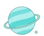 Uranus with blue-green bands, a simple tilted ring, and a tiny moon on a white background.