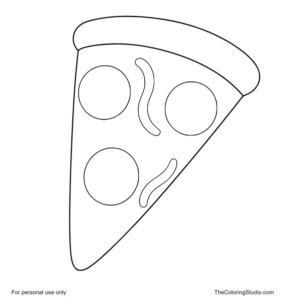 Triangular pizza slice with yellow cheese, three pepperoni circles, and two green pepper strips on white.