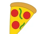 Triangular pizza slice with yellow cheese, three pepperoni circles, and two green pepper strips on white.