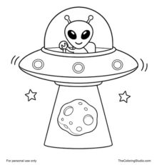 UFO lifting a moon rock with a flat yellow beam and a smiling green alien pilot on a white background.