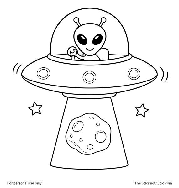 UFO lifting a moon rock with a flat yellow beam and a smiling green alien pilot on a white background.