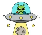 UFO lifting a moon rock with a flat yellow beam and a smiling green alien pilot on a white background.