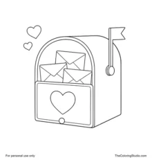 Pink Valentine mailbox with three sealed envelopes, a heart emblem and two small hearts.