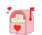 Pink Valentine mailbox with three sealed envelopes, a heart emblem and two small hearts.