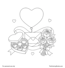 Valentine’s Day cover with heart balloon, chocolate box, rose bouquet and sealed envelope.