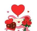 Valentine’s Day cover with heart balloon, chocolate box, rose bouquet and sealed envelope.
