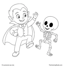 Smiling vampire and skeleton dancing together in matching poses on a white background.