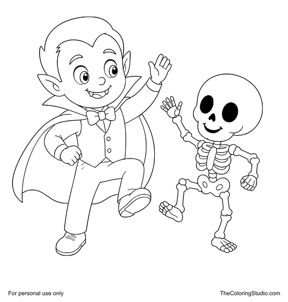 Smiling vampire and skeleton dancing together in matching poses on a white background.