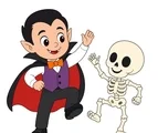 Smiling vampire and skeleton dancing together in matching poses on a white background.