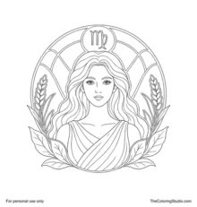 Front-facing Virgo maiden with flowing hair, a classical tunic and harvest plants inside a circular zodiac frame.