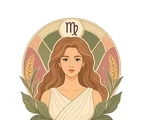 Front-facing Virgo maiden with flowing hair, a classical tunic and harvest plants inside a circular zodiac frame.