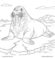 Adult walrus resting on Arctic ice with two tusks, dark whiskers, broad flippers, and distant ice shapes.