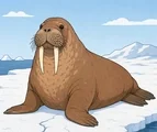 Adult walrus resting on Arctic ice with two tusks, dark whiskers, broad flippers, and distant ice shapes.