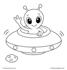 Purple alien waving from the open dome of a silver UFO above a small moon rock on white.