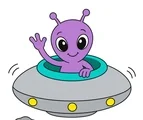 Purple alien waving from the open dome of a silver UFO above a small moon rock on white.