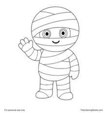 Smiling mummy waving beside a small orange candy bucket and purple sparkles on a white background.