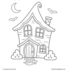 Purple haunted house with glowing windows, a crescent moon, and two small bats on a white background.